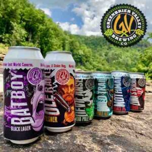Greenbrier Valley Brewing Company cans in new river gorge with bridge