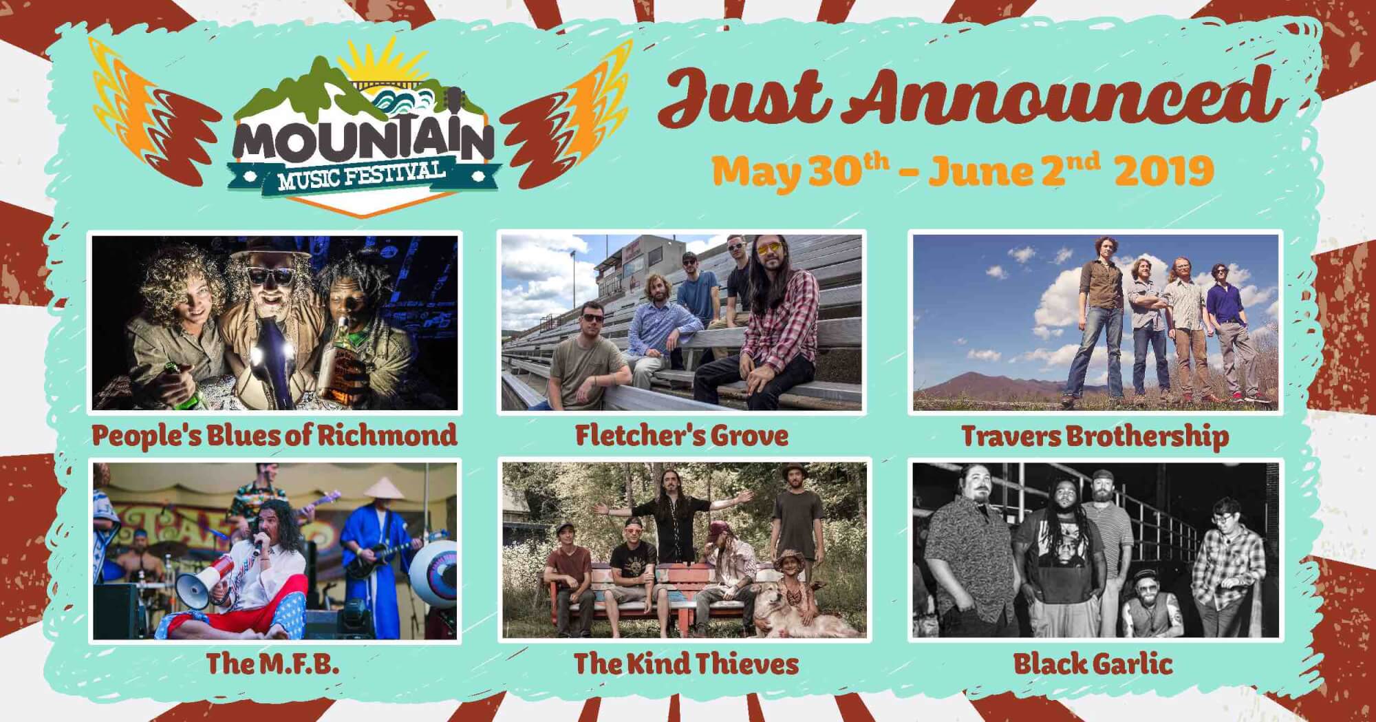 lineup announcement for mountain music festival 2019 at ace adventure resort featuring Peoples blues of richmond fletchers grove travers brothership the mfb the kind thieves and black garlic