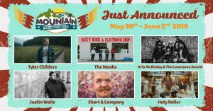 mountain music festival lineup announcement graphic featuring tyler childers the wooks arlo mckinley and the lonesome sound justin wells jeremy short short and company and holy roller