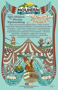 mountain music festival 2019 show poster with lineup featuring tyler childers the floozies, big something the werks reverend peytons big damn band the wooks and more