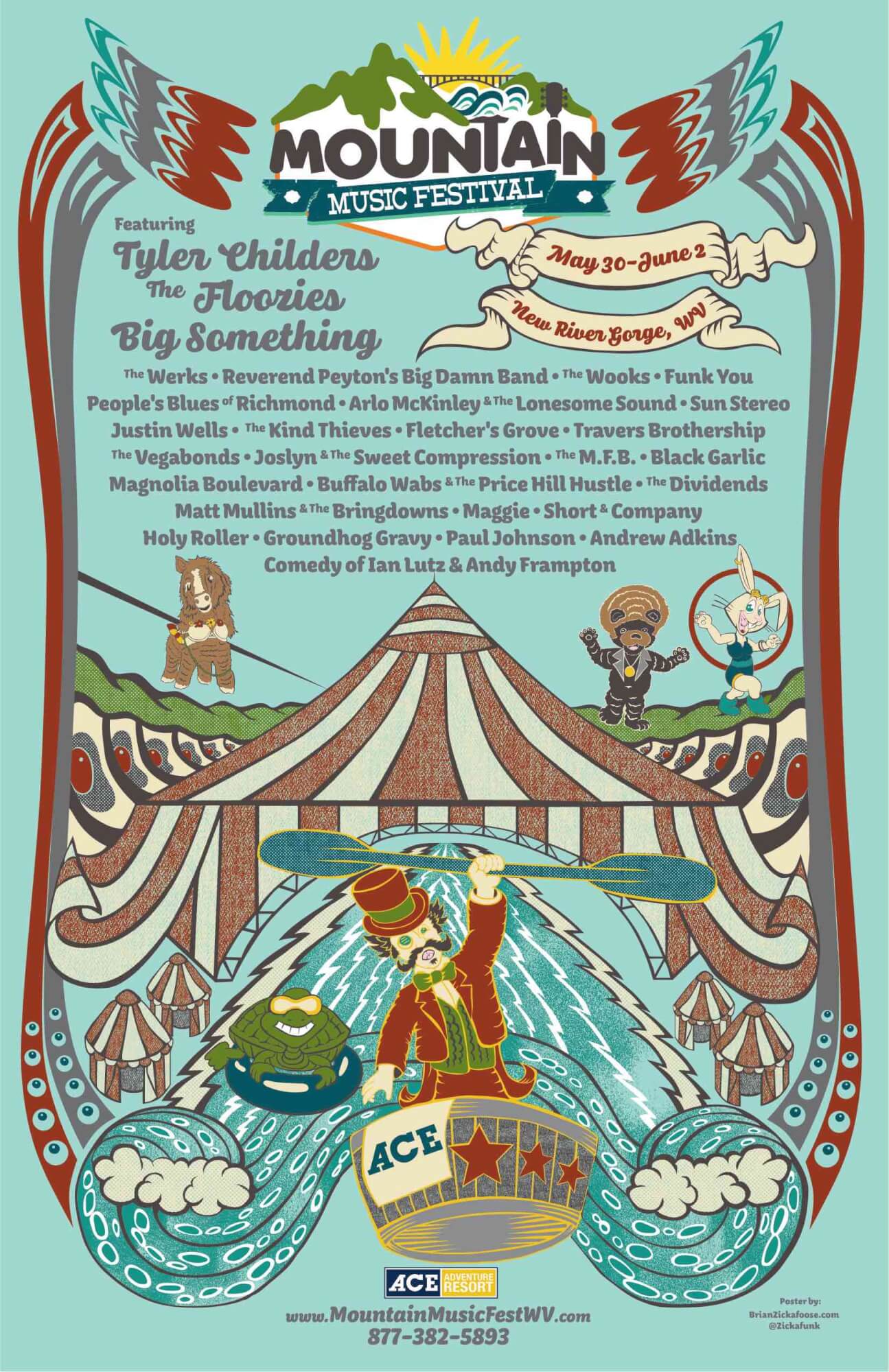 mountain music festival 2019 show poster with lineup featuring tyler childers the floozies, big something the werks reverend peytons big damn band the wooks and more