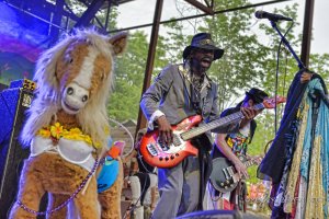 mardi bra pony on stage with Yo Mama's big Fat Booty band at mountain music Festival 2016