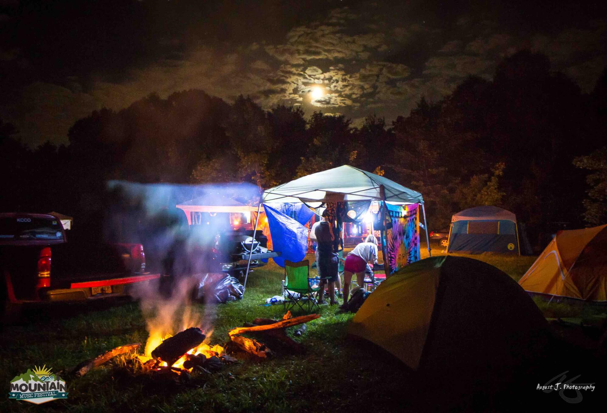 camping night shot at mountain music festival