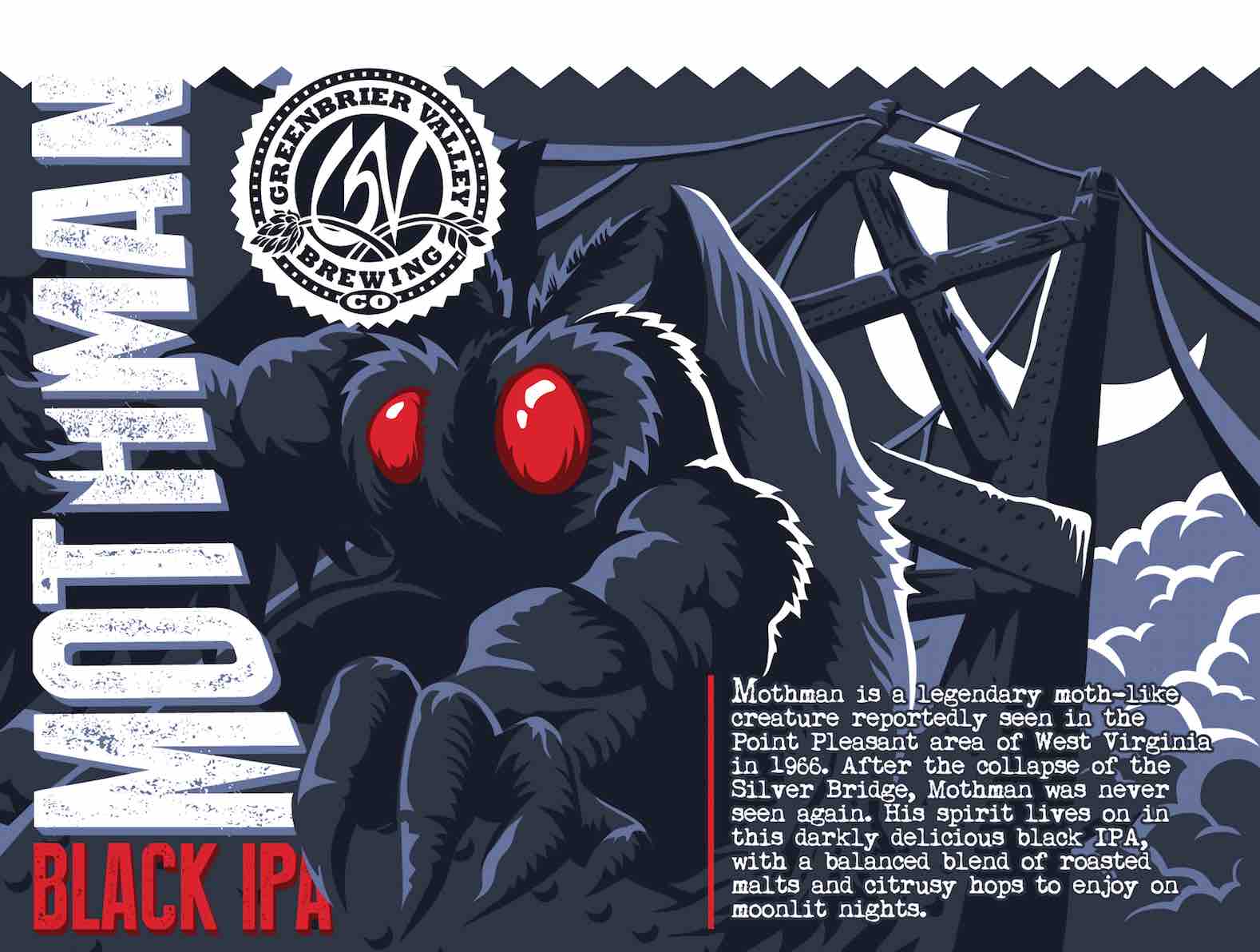 mothman greenbrier valley brewing company black ipa can artwork