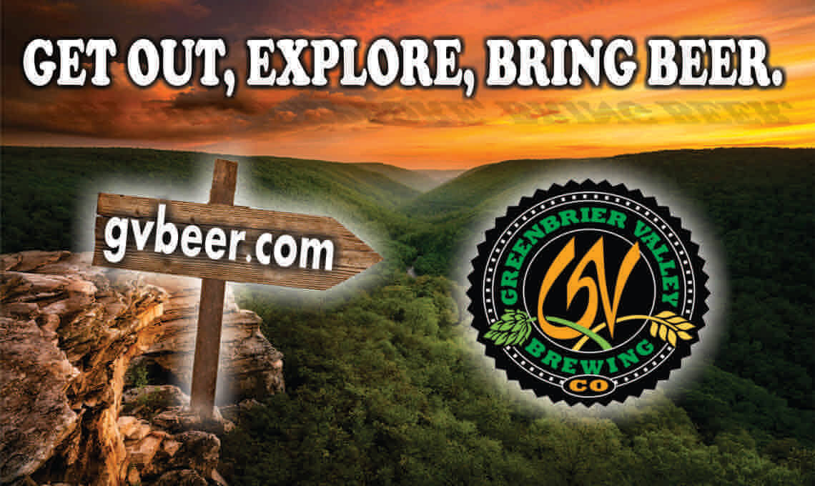 greenbrier valley brewing company logo with get out explore bring beer west virginia scenery river canyon