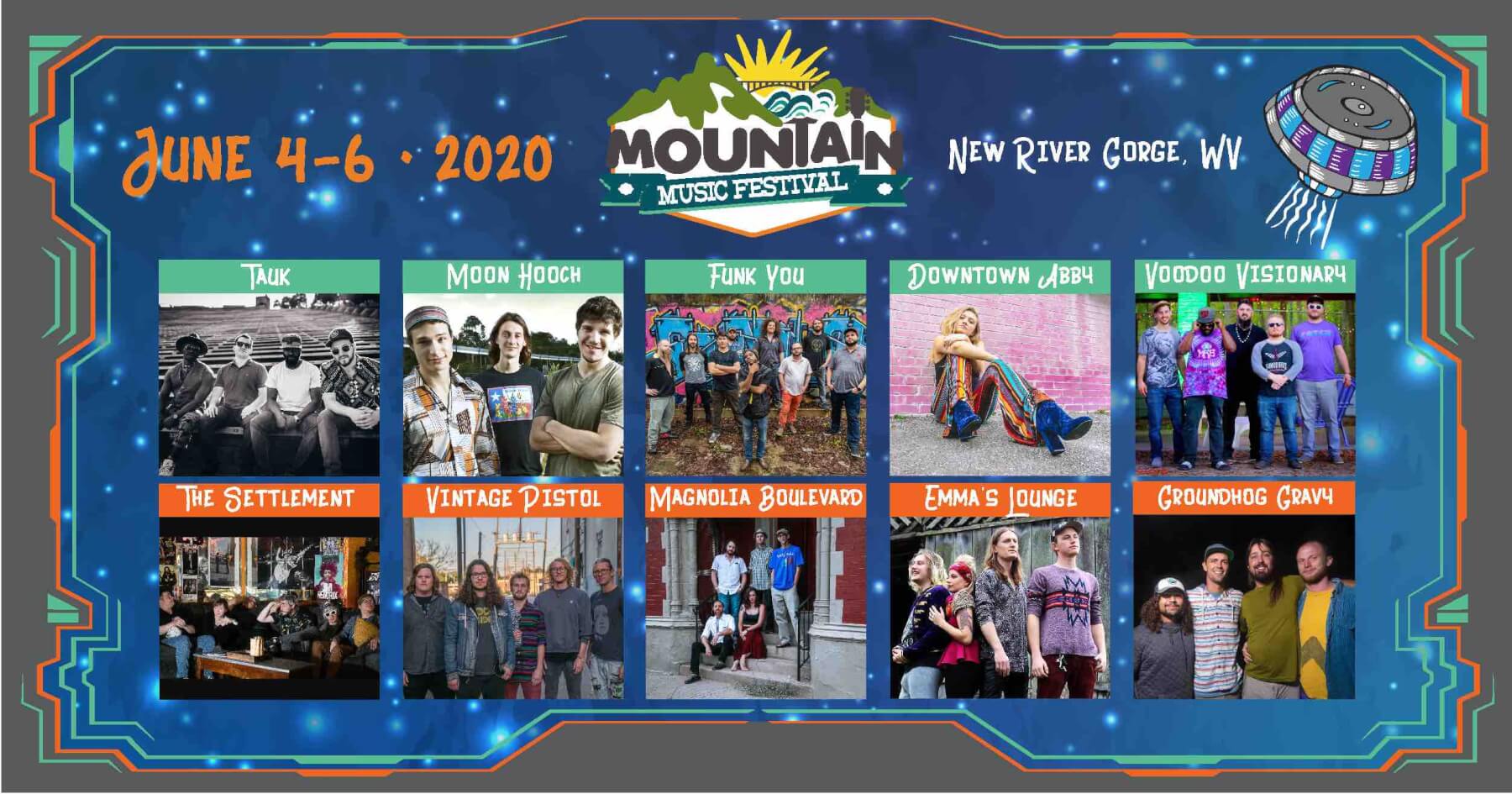mountain music festival 2020 lineup announcement with Tauk moon hooch funk you downtown abby voodoo visionary the settlement vintage pistol magnolia boulevard emmas lounge groundhog gravy