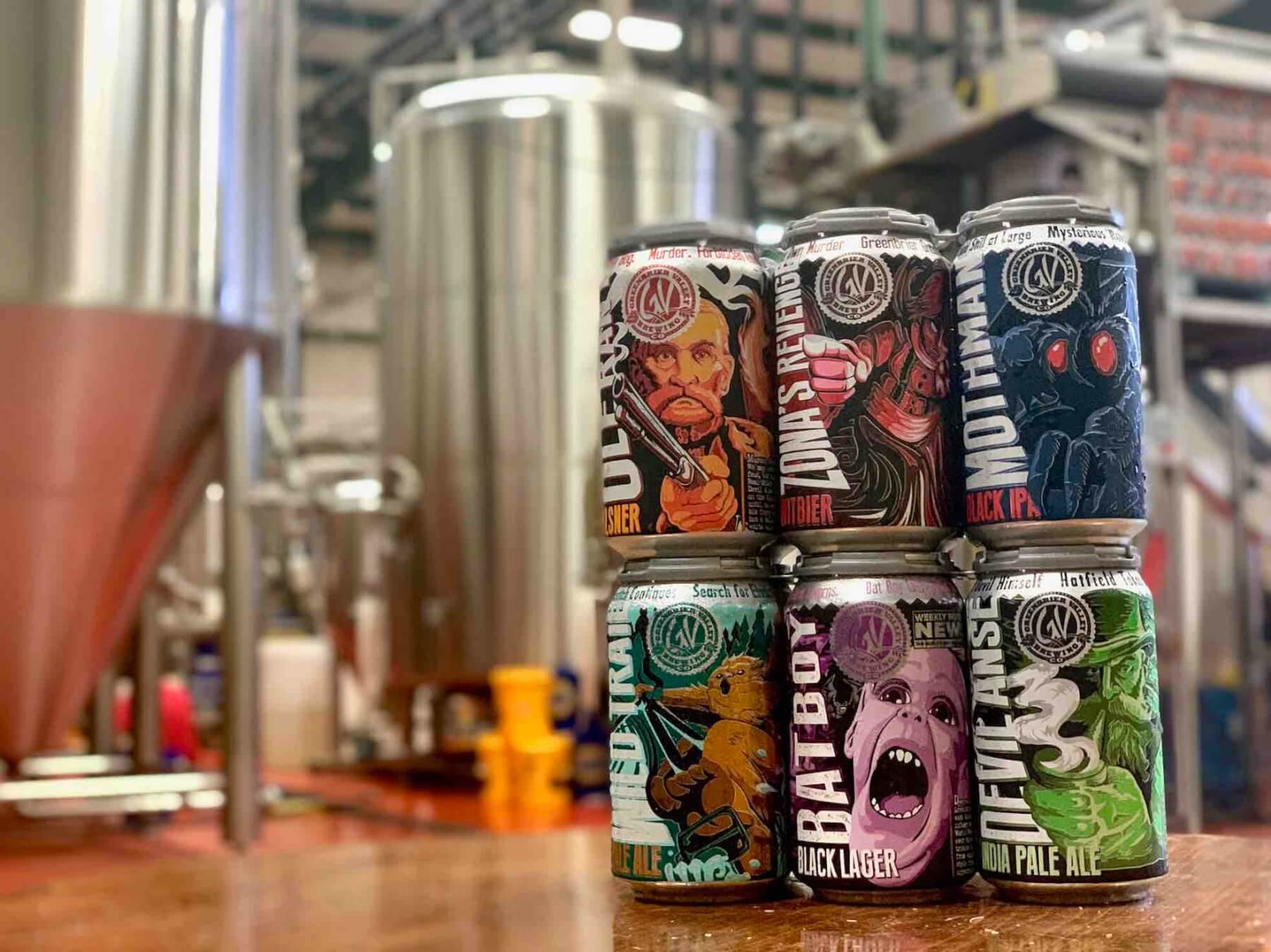 greenbrier valley brewing company west virginia made craft beer can lineup at brewery