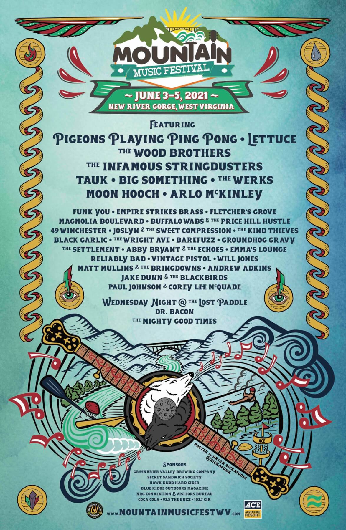 mountain music festival 2021 lineup poster art by brian zickafoose music lineup