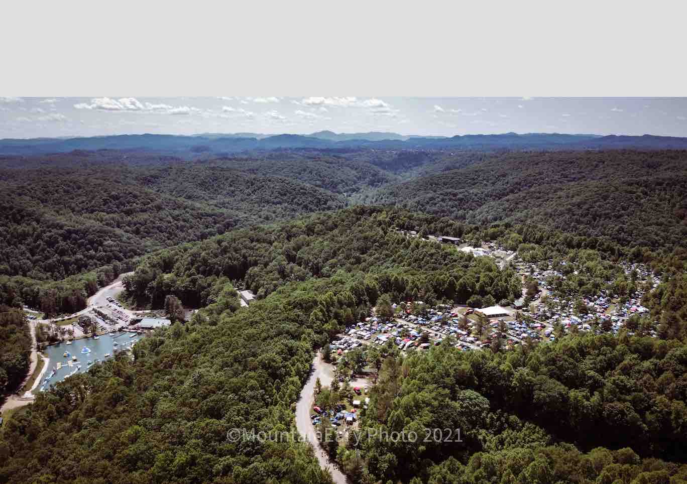 mountaintop campground drone photo at ace adventure resort during mountain music festival